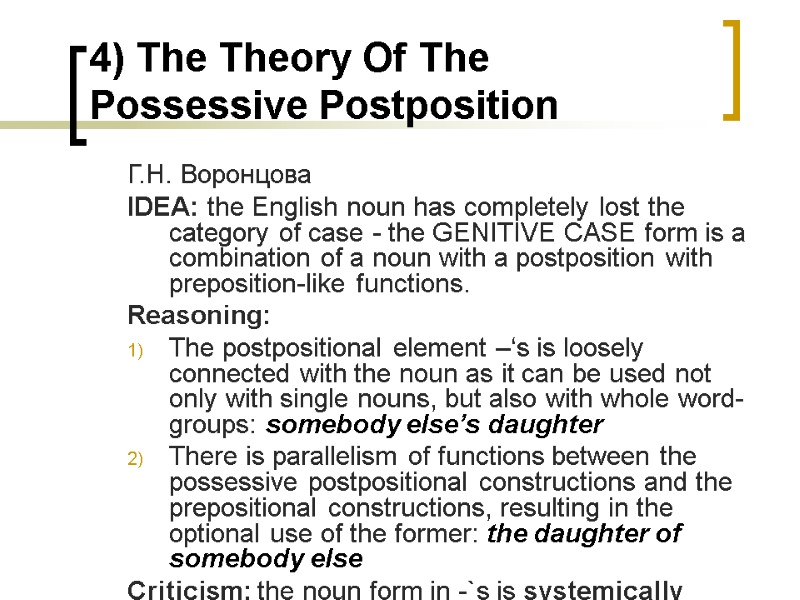 4) The Theory Of The Possessive Postposition Г.Н. Воронцова  IDEA: the English noun